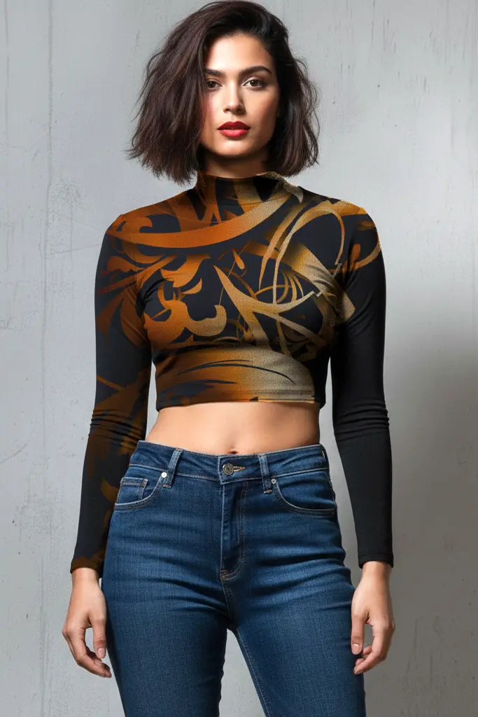 [PSY-TEF-NOS-CROP TOP  S] The Eclipse Flare Long-Sleeved Mock Neck Regular Crop Top (S)