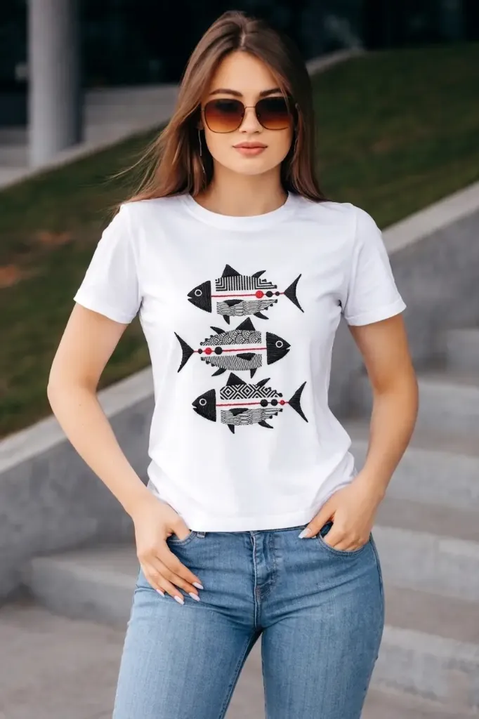 [PSY-TFE-NOS-S] The Fishes Embroidered T-Shirt Top (S)